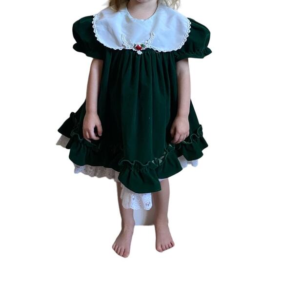 Vintage Hugs and Kisses Green Velvet Girls Dress - Picture 4 of 12